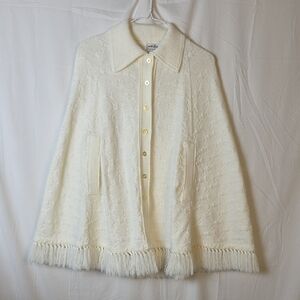 Vintage White Ivory Knit Cape with Fringe And Bow Print